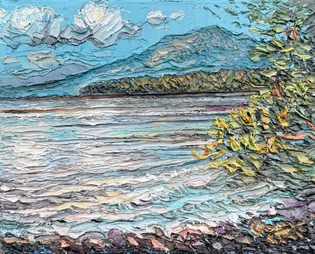 Andrew Gibbs’s textured oil painting of an arbutus leaning over the sea.